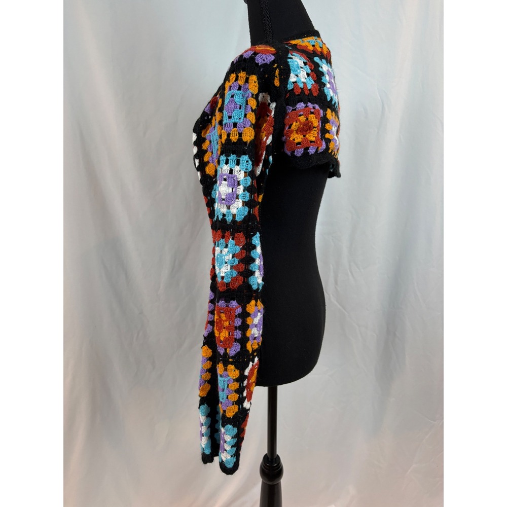 Multicolor Crochet Granny Square Shrug Bolero Cropped Cardigan Black Boho - Picture 6 of 11